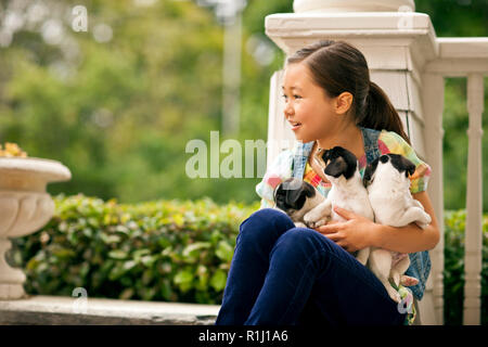 Smiling young girl holding three puppies in her lap. Stock Photo