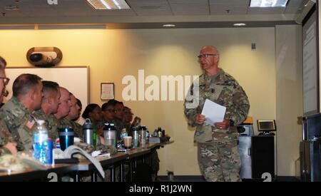 Retired Sergeant Major of the ArmyKenneth O. Preston speaks to New York Army National Guard noncommissioned officers during a NCO Professional Development Workshop held at Division of Military and Naval Affairs Headquarters in Latham, N.Y. on Sept. 21, 2018. Eighty NCOs attended the two-day course hosted by New York Army National Guard Command Sgt. Major David Piwowarski. Preston, who currently serves as the Vice President of NCO and Soldier Programs for the Association of the United States Army, was the Army's top NCO from 2004 to 2011. He spoke about the value of NCO education and the role N Stock Photo