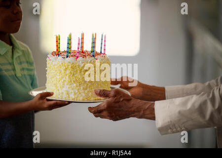 Boy giving his grandfather a birthday cake Stock Photo