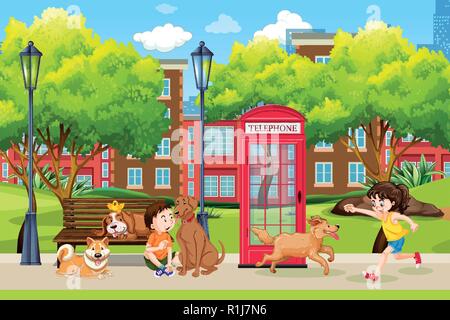 Children and dog at the park illustration Stock Vector