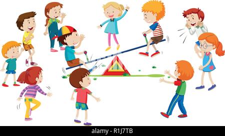 Group of children playing on seesaw illustration Stock Vector