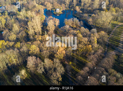 Aerial; drone view of autumn morning in beautiful city park; rest and recreation area with blue water lake and tall trees with long shadows; pretty st