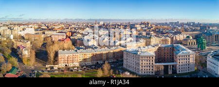 Aerial; drone panoramic view of landmark part of Saint Petersburg city; Narva triumphal gate on the background; historical architecture in autumn morn Stock Photo