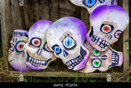 Decorations for Day of the Dead (Dia de los muertos) in a crate. Stock Photo