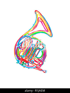 Watercolorstyle drawing of a  french horn in color over white Stock Photo