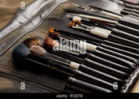 close-up shot of leather holder with professional makeup brushes Stock Photo
