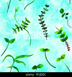 A teal blue seamless pattern with watercolor plants, branches and leaves, a fresh repeat print Stock Photo