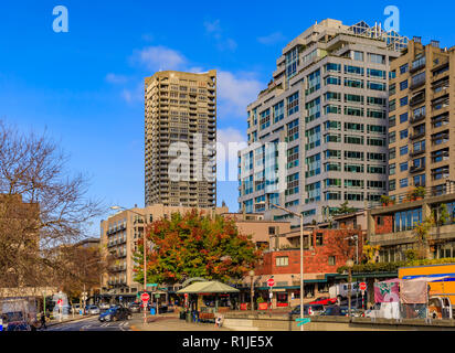 Seattle, United States - November 08, 2018: Terraced waterfront skyline by the Pike Place Market Stock Photo