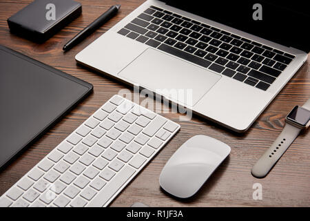 close-up shot of different wireless gadgets on graphics designer workplace Stock Photo