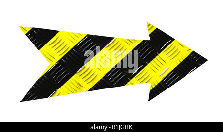 Yellow and black stripes danger warning pattern metallic iron direction arrow sign with steel checker plate (or diamond plate) industrial metal textur Stock Photo