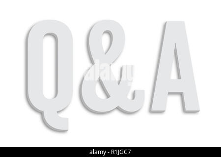 Q&A (Questions and Answers) text in minimalist white grey color 3D word shape and isolated on simple minimal white clean background. Stock Photo