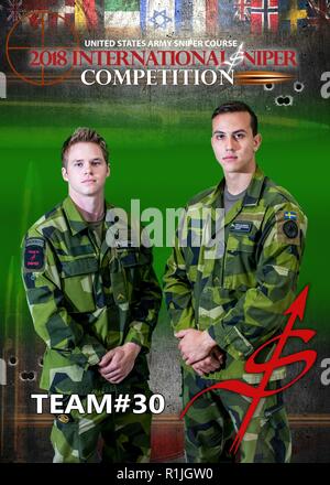 FORT BENNING, Ga. (Oct. 19, 2018) – Team #30, Swedish 17th Wing Air Force Rangers, Lance Cpls. Erik Azcarate and David Jacobsson, take third place, top international team and Iron Man Team in the 2018 International Sniper Competition. Two-person teams from across the Army, other services of the Department of Defense, the FBI and the militaries of partner nations competed in a competition to determine the best sniper team in the world. For the second consecutive year, the team from the 75th Ranger Regiment took first place in the 18th annual International Sniper Competition at Fort Benning, Geo Stock Photo