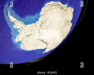 Antarctica from space on planet Earth with country borders and international connections representing travel, communication. 3D illustration. Elements Stock Photo