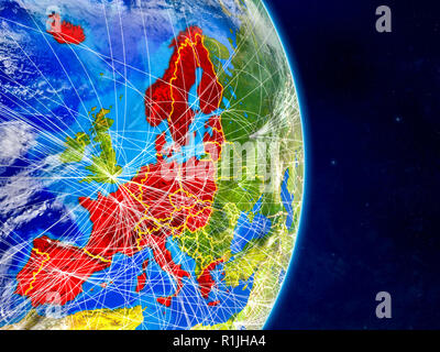 Schengen Area members on planet Earth with networks. Extremely detailed planet surface and clouds. 3D illustration. Elements of this image furnished b Stock Photo