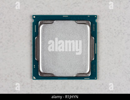 mock up Central processor (CPU) on grey background closeup top view Stock Photo