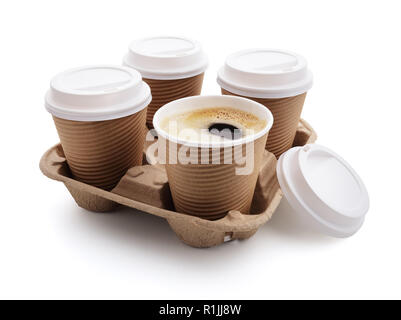 Coffee take out disposable cups wit lids in holder Stock Photo