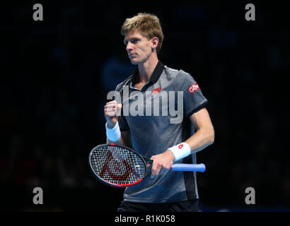 London, UK. November 13, 2018. Kevin Anderson (RSA) celebrates his win over Kei Nishikori (JPN)  during Day Three Singles of the Nitto ATP World Tour  Finals played at The O2 Arena, London on November 13 2018. Credit Action Foto Sport Stock Photo