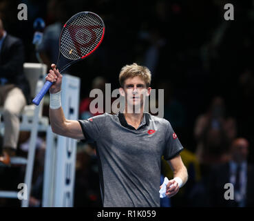 London, UK. November 13, 2018. Kevin Anderson (RSA) celebrates his win over Kei Nishikori (JPN)  during Day Three Singles of the Nitto ATP World Tour  Finals played at The O2 Arena, London on November 13 2018. Credit Action Foto Sport Stock Photo