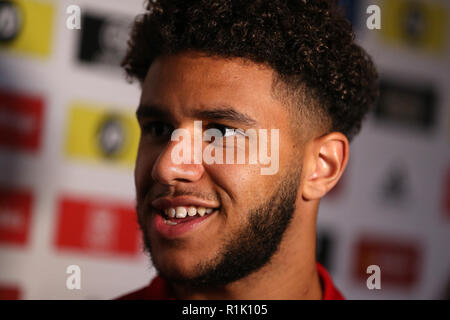 National Museum of History, St.Fagans, Cardiff, Wales, UK. 13th November 2018.Tyler Roberts of Wales speaks to the media at the Wales football player media session at the St.Fagans National Museum of History in St.Fagans, near Cardiff , South Wales on Tuesday 13th November 2018. Credit: Andrew Orchard/Alamy Live News Stock Photo