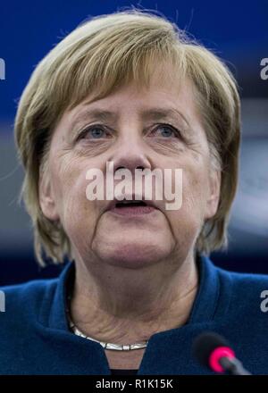Strasbourg, France. 13th November, 2018. German Chancellor Angela Merkel seen speaking at the debate about the future of Europe with the members of the European Parliament, in Strasbourg, eastern France. Credit: Elyxandro Cegarra/SOPA Images/ZUMA Wire/Alamy Live News Stock Photo