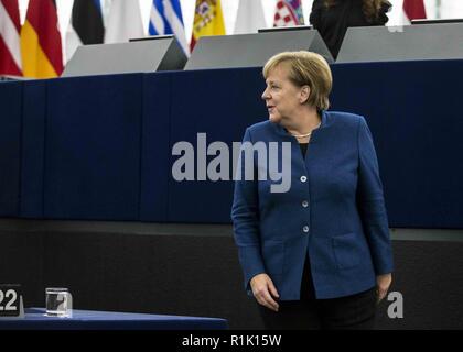 Strasbourg, France. 13th November, 2018. German Chancellor Angela Merkel seen at the debate about the future of Europe with the members of the European Parliament, in Strasbourg, eastern France. Credit: Elyxandro Cegarra/SOPA Images/ZUMA Wire/Alamy Live News Stock Photo