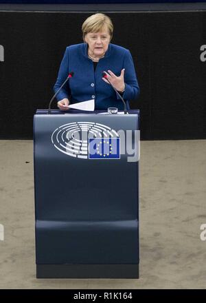 Strasbourg, France. 13th November, 2018. German Chancellor Angela Merkel seen speaking at the debate about the future of Europe with the members of the European Parliament, in Strasbourg, eastern France. Credit: Elyxandro Cegarra/SOPA Images/ZUMA Wire/Alamy Live News Stock Photo