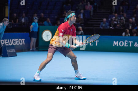 O2, London, UK. 13 November, 2018. Day three of the tournaments at the O2 arena in London afternoon singles match. Kevin Anderson (RSA), ranked 4, vs Kei Nishikori (JPN), ranked 7. Credit: Malcolm Park/Alamy Live News. Stock Photo