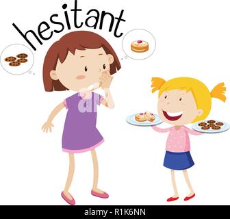 English vocabulary word hesitant illustration Stock Vector