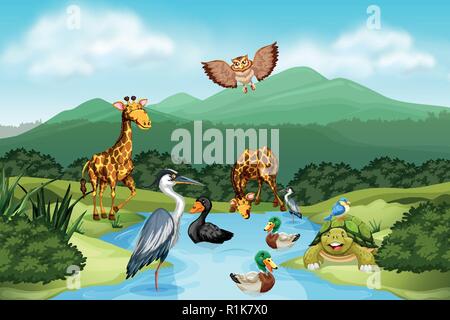 Many animals in nature illustration Stock Vector