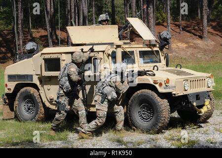 Soldiers with the 519th Military Police Battalion react to enemy contact during an exercise evaluation training scenario Oct. 4 at Fort Polk. Stock Photo