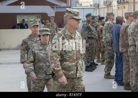 U.S. Army Lt. Gen. James Rainey (front), U.S. Army Maj. Gen. Robin Fontes (middle), and U.S. Army Gen. Scott Miller (rear) arrive at a change of command ceremony for Combined Security Transition Command - Afghanistan. Rainey assumed command of CSTC-A during the ceremony in Kabul, Afghanistan. (Resolute Support Stock Photo