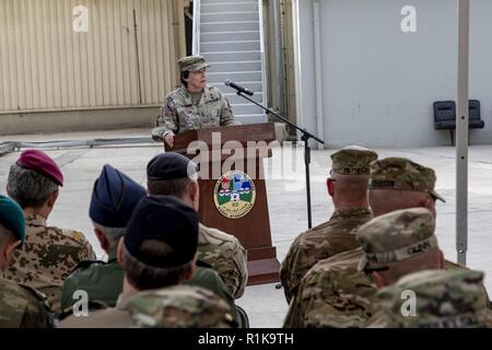 U.S. Army Maj. Gen. Robin Fontes, outgoing commander, Combined Security Transition Command - Afghanistan delivers remarks during a change of command ceremony in Kabul, Afghanistan. U.S. Army Lt. Gen. James Rainey assumed command of CSTC-A during the ceremony. (Resolute Support Stock Photo