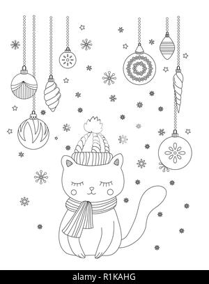 Christmas coloring page for kids and adults. Cute cat with scarf and knitted cap. Hand drawn vector illustration. Stock Vector