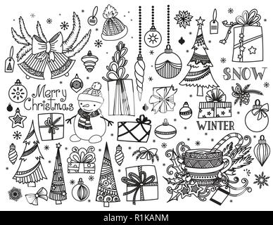 Christmas doodle collection. Hand drawn gift boxes in various shapes, Christmas tree, balls, bells and toys with ribbons and bow. Vector illustration isolated on white. Design elements collection. Stock Vector