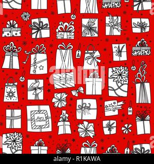 Christmas presents on red background. Seamless pattern. Hand drawn cartoon gift boxes in various shapes. Vector illustration . Stock Vector