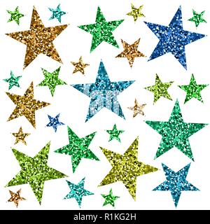 Red, green, blue and yellow stars. White background. Vector illustration. The texture of glitter. Stock Vector