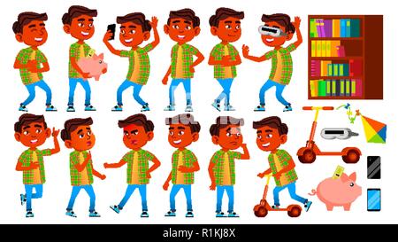 Boy Schoolboy Kid Poses Set Vector. Indian, Hindu. Asian. Primary School Child. Children. Smile. Workspace, Chalkboard. For Advertisement, Greeting, Announcement Design. Isolated Cartoon Illustration Stock Vector