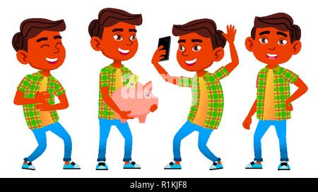 Boy Schoolboy Kid Poses Set Vector. Indian, Hindu. Asian. Primary School Child. Elementary. Auditorium. Room, Book. For Web, Poster, Booklet Design. Isolated Cartoon Illustration Stock Vector