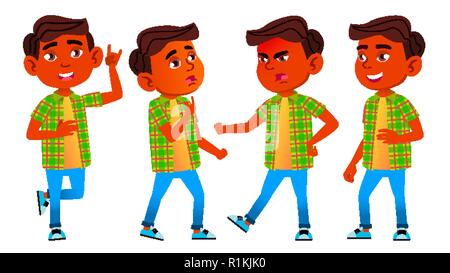 Asian Boy Schoolboy Kid Poses Set Vector. Primary School Child. Funny ...