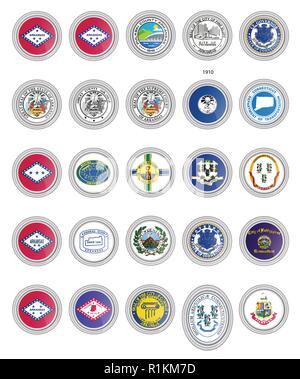 Set of vector icons. Flags of Arkansas and Connecticut states, USA. 3D illustration. Stock Vector