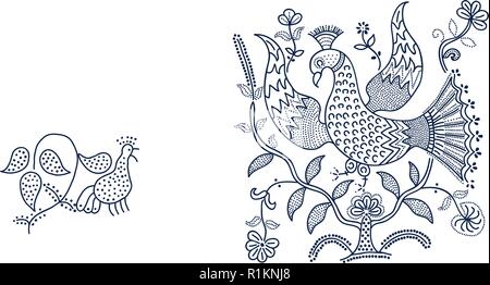 Set of 2 wood block printed floral elements. Traditional dotted ethnic motifs of Russia with birds and flowers, indigo blue on white background. For y Stock Vector