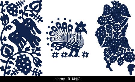 Set of 3 wood block printed floral elements. Traditional ethnic motifs of Russia with birds and flowers, indigo blue on white background. For your des Stock Vector