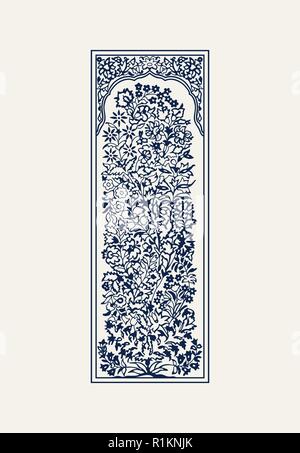 Indigo dye wood block printed floral arrangement in frame. Traditional ethnic motif of North India,navy blue on ecrue background. For your design. Stock Vector