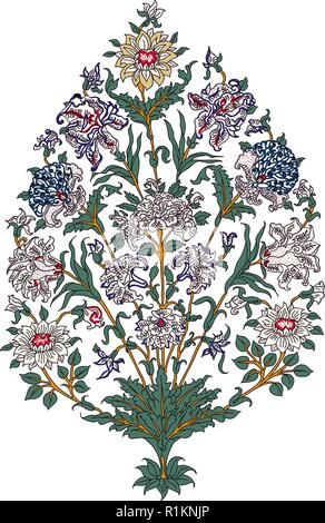Wood block print floral element. Traditional oriental ethnic motifs of India Jaipur, bunch of chrysanthemums, lilies, roses and dahlias. Stock Vector