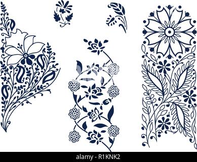 Set of 5 wood block printed floral elements. Traditional oriental ethnic motifs of India, monochrome on white background. For your design. Stock Vector