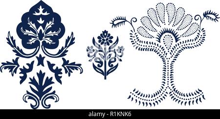 Set of 3 wood block printed floral elements for damask patterns. Traditional oriental ethnic motifs of India, monochrome. Stock Vector