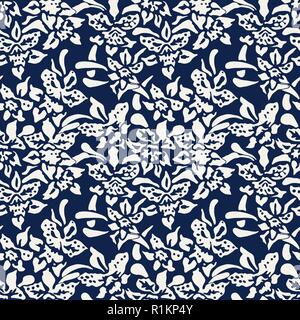 Seamless indigo dye woodblock printed floral pattern. Traditional oriental ornament of Indonesia, with orchids, ecru on navy blue background. Stock Vector