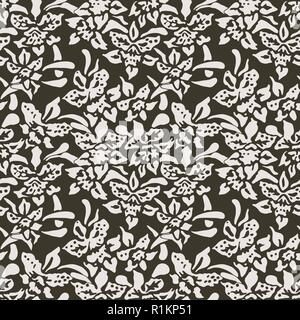 Seamless woodblock printed floral pattern. Traditional oriental ornament of Indonesia, with orchids, ecru on taupe background. Textile design. Stock Vector