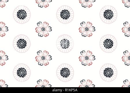 Indigo dye seamless stencil pattern, Japanese traditional motif with cherry blossoms and peony flowers and blossoms. Navy blue and red on white. Stock Vector