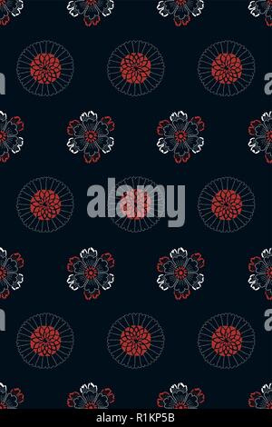 Indigo dye seamless stencil pattern, Japanese traditional motif with cherry blossoms and peony flowers and blossoms. White and red on navy blue. Stock Vector